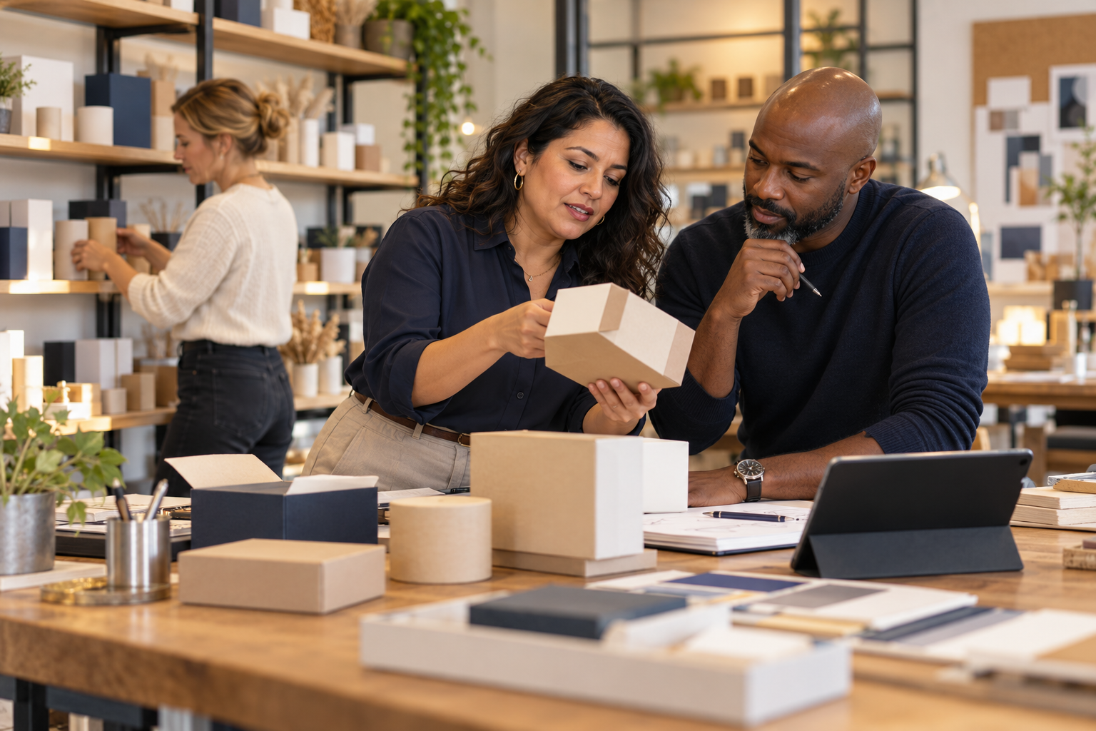 Illustrative business owners reviewing a packaging prototype in a product studio