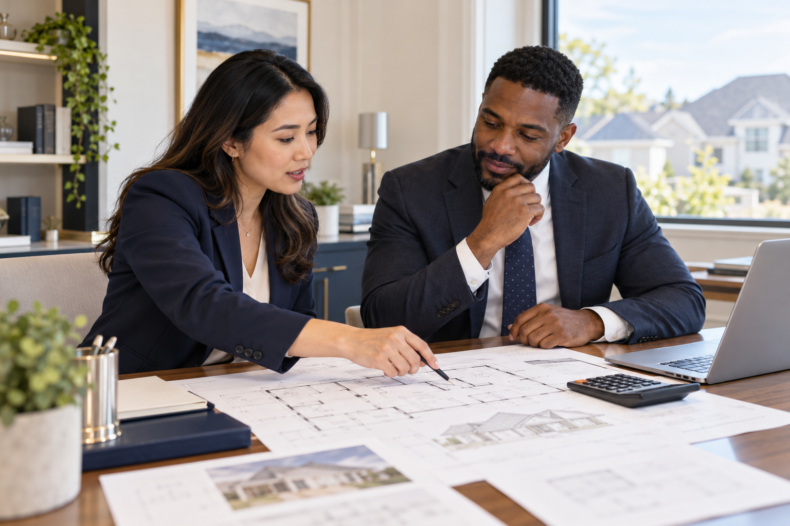 Illustrative finance professionals reviewing residential plans and financing documents