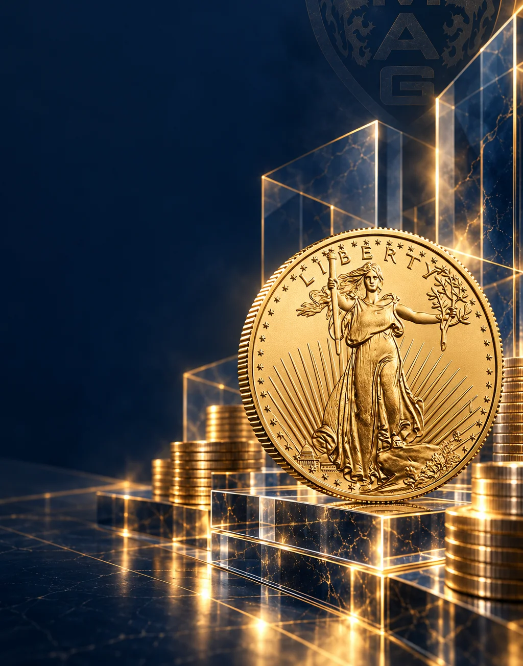 American Gold Eagle standing on glass pedestals among stacked gold coins